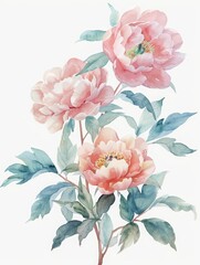 Fototapeta premium A clean watercolor painting of peonies in bloom, lush and lovely, minimal watercolor style illustration isolated on white background