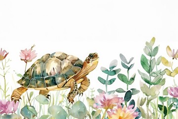 A clean watercolor painting of a tiny turtle slowly exploring a garden, adorable and detailed, minimal watercolor style illustration isolated on white background