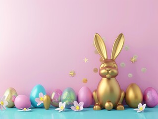 Obraz premium Gorgeous minimalist Easter backdrop adorned with vibrant eggs, a golden ceramic Easter bunny, and generous space for text in the center 