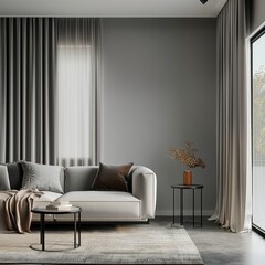 The middle room of the apartment with gray walls with luxurious and harmonious gray furniture interior displays a lively atmosphere with a minimalist concept, modern style appearance in the house