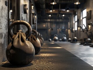 Kettlebells at fitness gym with sand bags 