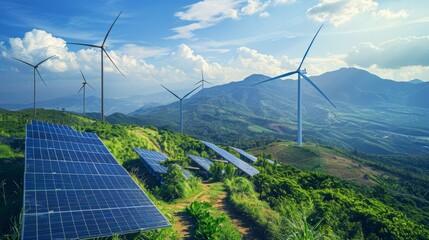 renewable energy sources by capturing wind turbines or solar panels, emphasizing the importance of transitioning to sustainable energy for a greener future. hyper realistic 