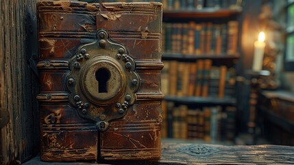 Old library room with large antique iron locks on old leather bound books