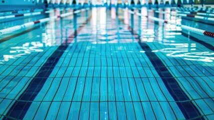 Indoor swimming pool with clear blue water and lane dividers
