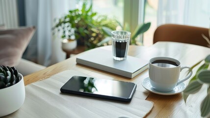 Smartphone, cup of coffee, and glass water on wooden table with notebook houseplant