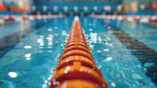 Indoor swimming pool lanes with floating lane dividers, close-up and blurred background