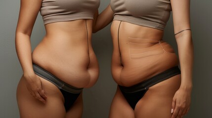 Obraz premium Tummy tuck, two fat women with flabby bellies on gray background, plastic surgery and body positive concept hyper realistic 