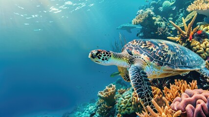 Naklejka na ściany i meble Sea turtle swimming near coral reef in clear blue ocean water