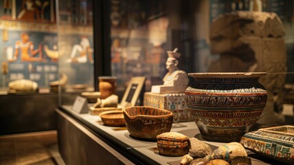 Ancient Egyptian artifacts displayed in museum exhibit, including pottery and sculptures
