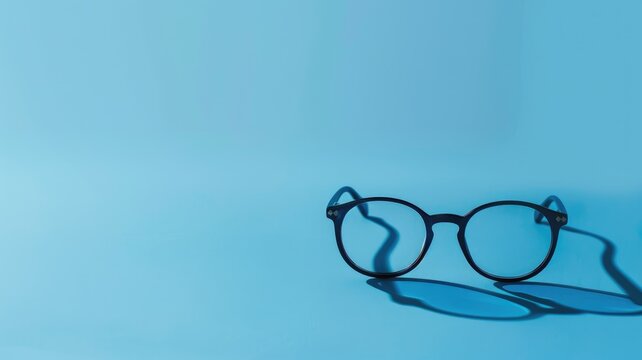 Pair of black round eyeglasses casting shadow on blue background - Powered by Adobe