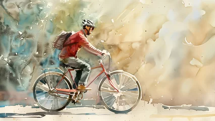 Fotobehang A detailed watercolor painting of riding bicycle © Sarawut