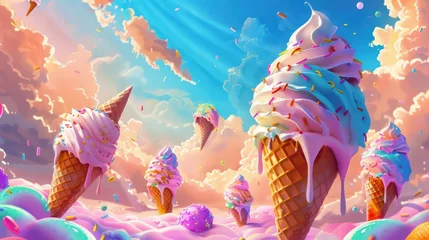 Fotobehang Illustration of a fantasy world of ice cream cones over a cloudy sky. © Khoirul