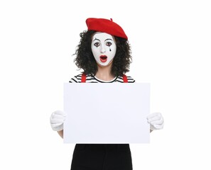 Funny mime with blank sign posing on white background