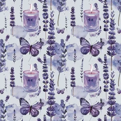 Fotobehang Purple scented candle and lavender butterfly, fabric pattern, seamless, textile, fashion, summer vintage fashionable wallpaper design, illustration, background  © Nawn