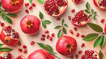 Close up of pomegranates and leaves on white surface
