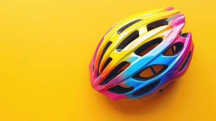 Multicolored bicycle helmets arranged on bright yellow background
