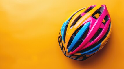 Colorful bicycle helmets arranged on yellow background