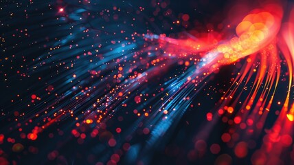Abstract image of red and blue light fibers with glowing particles conveying high-speed data transmission