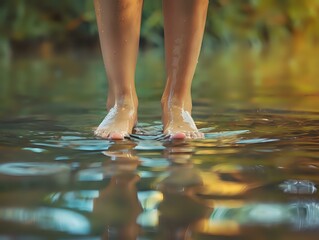 Serene Nature: Feet Hovering Over Reflective Water