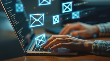Person using laptop with graphic icons of envelopes indicating email or electronic communication concept