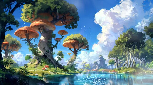 Trees giant mushrooms. Surreal concept, anime illustration style, looping 4k video animation background