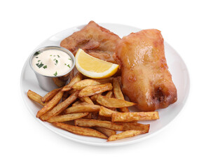 Tasty fish, chips, lemon and sauce isolated on white