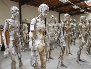 A group of sculptures of people are standing in a room. The sculptures are made of paper and are very thin. The sculptures are all different sizes and shapes