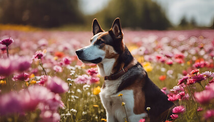 Dog Enjoying a Vibrant Flower Field Generative AI

