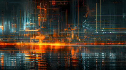 Futuristic Cityscape With Glowing Lights and Digital Overlays at Night