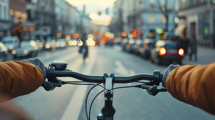 First-person view of cycling in urban environment at dusk