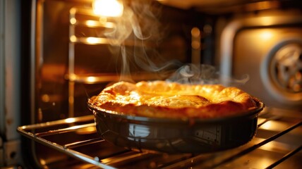 Freshly baked pie with golden crust steaming in oven