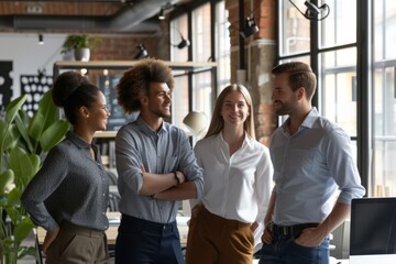 Confident diverse business people standing in modern office, looking at each other and smiling. Multiethnic business team standing together in office. Teamwork concept