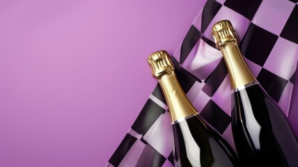Three champagne bottles with checkered decoration on purple background