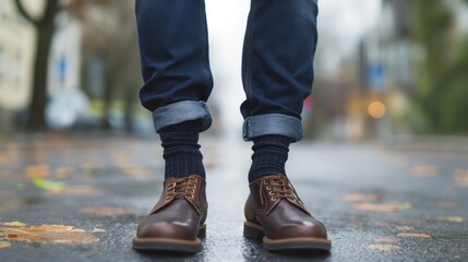 Close-up of the legs of a man wearing jeans and boots, standing on a wet street in the park.
