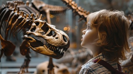 Child gazing at dinosaur skeleton in museum exhibit