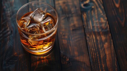 Glass of whiskey with ice on wooden table