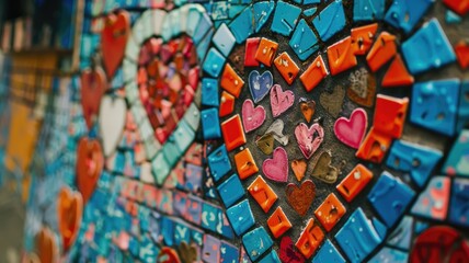 Colorful mosaic artwork with heart shapes on wall