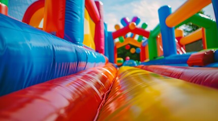Inflatable bounce houses and obstacle courses provide endless entertainment for graduates at a lively alcoholfree party celebrating their hard work and achievements.