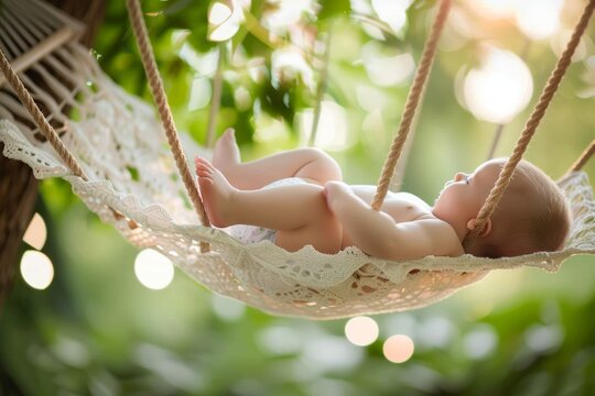 A baby is sleeping on a hammock