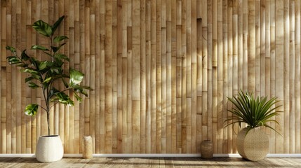 A room with a wooden wall and a plant in a white pot