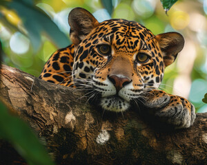 Obraz premium Close-up of a tiger in the zoo, resting on a branch.