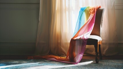 Chair with rainbow flag in room sunlight filtering through curtains