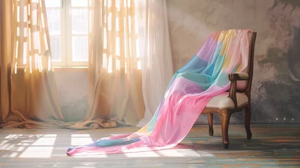 Fotobehang Colorful fabric draped over chair with sunlight filtering through sheer curtains © Татьяна Макарова