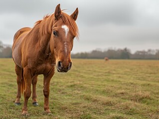 A brown horse is standing in a field with a cloudy sky in the background. The horse has a white spot on its face