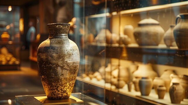 Ancient decorated pottery displayed in museum case with soft lighting and other artifacts