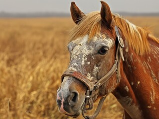 A brown horse with white spots on its face is standing in a field of tall grass. The horse appears to be dirty and has a bit of a wild look to it. Concept of freedom and the beauty of nature