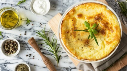 Baked cheesy dish garnished with herb on marble countertop