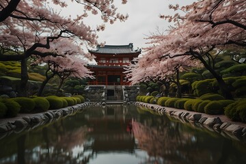 Majestic temple in Japan, framed by blooming cherry trees in the spring, Japanese garden in spring, blooming cherry, a beautiful garden in Tokyo, Japan with cherry blossoms
