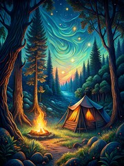 a camping tent with a campfire and a campfire in the forest. - obrazy, fototapety, plakaty