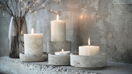 The raw and rugged surface of the concrete holders adds an element of natural charm to the space as the candles bring a touch of elegance. 2d flat cartoon.